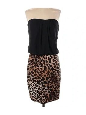 Cache Strapless Black Top Leopard Print Skirt Dress